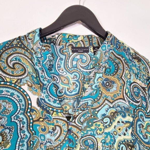 Apostrophe Green Paisley V Neck Art To Wear Relaxed Fit Top Plus Size - Picture 7 of 8
